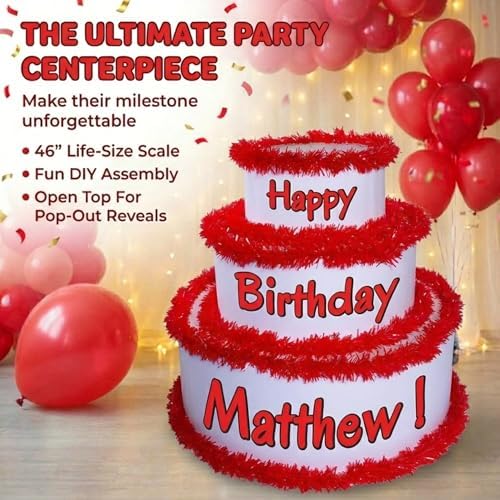 Anderson's White & Red Personalized Pop-Out Birthday Cake, Life-Size Faux Cake with Fun Font, Custom Name, Surprise Reveal Prop for Milestone Parties, Photo Ops, Store or Business Events - Image 6