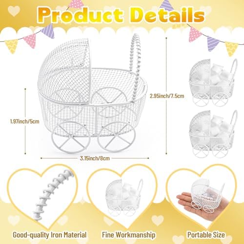 Threehoney 24 Pcs Baby Shower Mini Carriage Decoration White Goose Color Metal Wired Fillable Candy Stroller Baby Shower Table Centerpiece for Guest Gender Reveal Wedding Party Favor Gift - Image 2