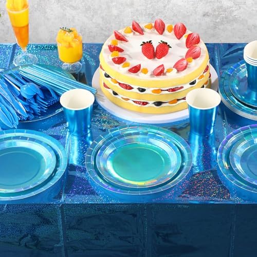 Iridescent Blue Party Supplies Decorations Serve 50, Holographic Blue Paper Plates and Napkins, Disposable Iridescent Party Plates Cups Napkins for Wedding Anniversary Birthday Bridal Shower Party - Image 5