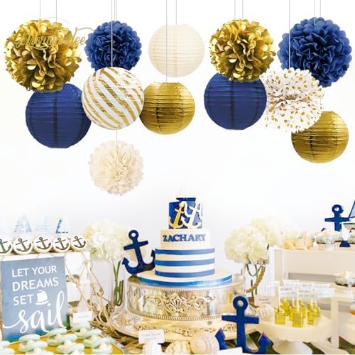 NICROLANDEE Navy Blue and Gold Decorations, 27 PCS Hanging Paper Lanterns Tissue Pom Poms Garlands Decor for Graduation Party, Mens Birthday, Memorial Day Decorations, New Years Party Supplies - Image 6