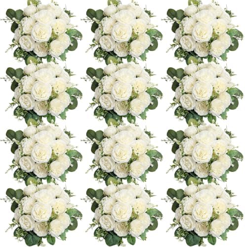 12 Bundles White Artificial Peonies Silk Flowers Bulk by Nagobi