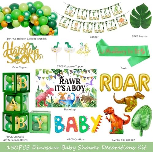 Hombae Dinosaur Baby Shower Decorations for Boy, Dino Themed Baby Shower Decorations, Rawr It’s a Boy Party Supplies Backdrop Balloon Banner Box Cake Cupcake Topper Mummy To Be Sash Green Gold - Image 2