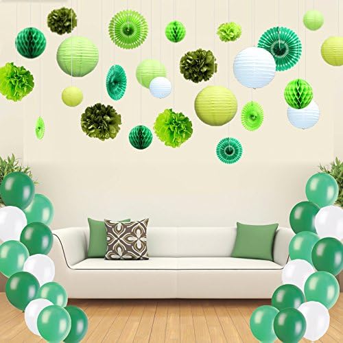 Kubert 91 Pcs White and Green Tissue Paper Pom Poms Tassel Garland and Balloons for Birthday Party Decorations by Unknown