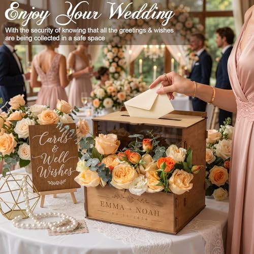 OurWarm Personalized Wedding Card Box with Names & Date Laser-Cut Engraving - Image 6