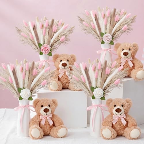 4 Sets 125 Pcs Bear Baby Shower Table Centerpiece with Bear Stuffed Animals Pink Dried Pampas Grass Artificial Flower Plastic Vase for Boho Wedding Bridal Reveal Birthday Baby Shower Decor - Image 3