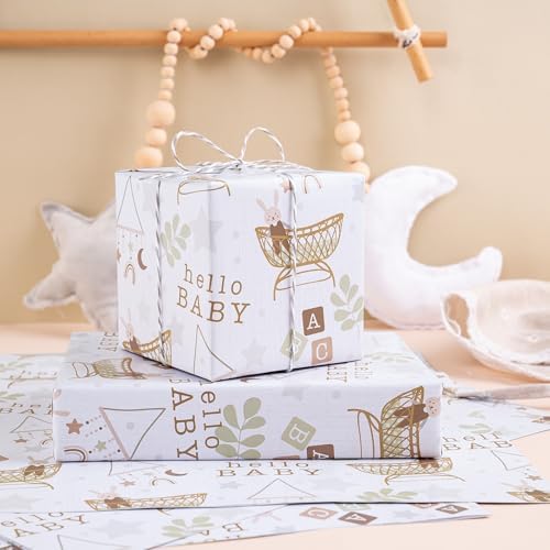 WRAPAHOLIC Jumbo Baby Shower Wrapping Paper - 30 Inch x 100 Feet Jumbo Roll - Hello Baby and Rabbit in Bassinet Design for Neutral Baby Shower, Boys Girls Kids Birthday - Image 5