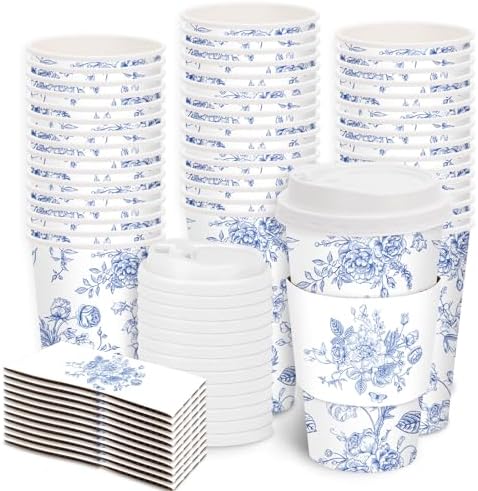 FYSUIMU 50Pcs 16Oz Blue Floral Disposable Coffee Cups with Lids and Sleeves Blue White Chinoiserie Flower Paper Drinking Cup for Wedding Birthday Baby Shower Party Supplies by FYSUIMU