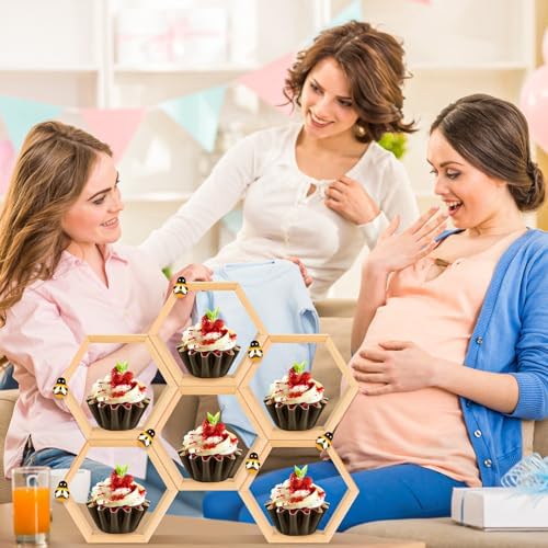 Fairysandy 12 Pcs Mini Honeycomb Cupcake Stand 50 Tiny Wooden Bee, Wood - Image 3