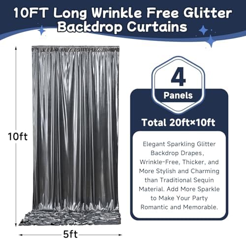20ftx10ft Black Silver Glitter Sequin Backdrop Curtain for Parties, Wrinkle Free Sparking Backdrop Drapes, 4 Panels 5x10ft Shimmer Photo Back Drop Cloth for Wedding Birthday Photography - Image 5
