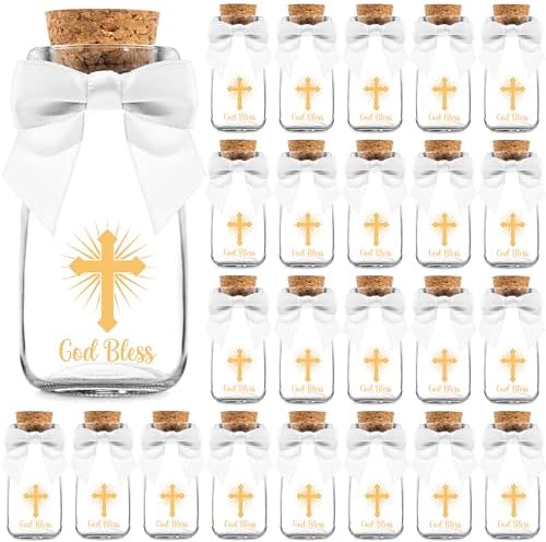 Ethisa Vintage 24 Pack Baptism Glass Bottles with Ribbons and Stickers - Classy God Bless Party Favors for Baptism and 1st Communion - Bautizo Table Centerpiece Decoration - Baby Christening Candy Jar by Ethisa