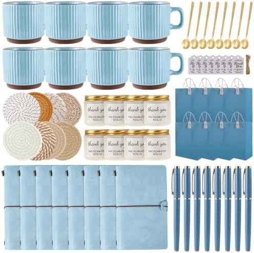 Baby Shower Prizes for Game Winners Baby Shower Games Prizes Ceramic Mugs with Metal Spoons Woven Coasters Notebooks Scented Candles Gift Bags Wedding Bridal Shower Favors for Guests (8, Blue) by WishFond