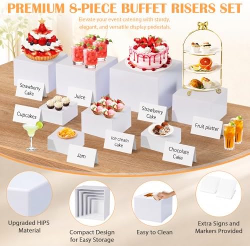 8 Pcs White Buffet Risers with Mini Signs, Nesting HIPS Food Display Stands - Image 4