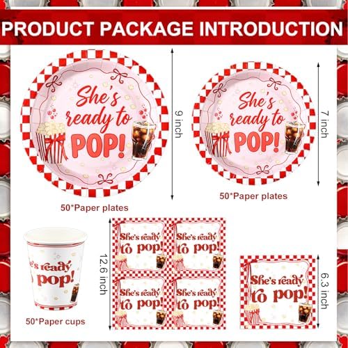 FoldTier 250 Pcs She's Ready to Pop Baby Shower Decorations Paper Plates and Napkins Cups Red and White Tableware Set for 50 Guests Disposable for Baby Shower Gender Reveal Birthday Party Supplies - Image 3