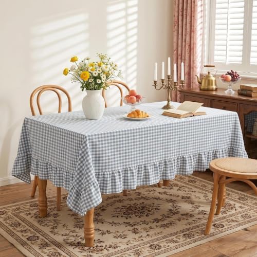 Eternal Beauty Gingham Ruffled Tablecloth Dusty Blue White 52x70 Farmhouse - Image 2