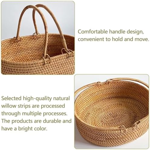 Wicker Picnic Basket with Double Folding Handles: Handmade Woven Picnic Basket, Garden Basket Harvest Basket, Natural Small Wicker Basket with Handle for Storage, Camping, Home Decor (Oval Basket) - Image 3