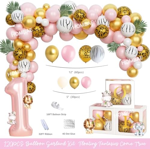 130 PCs Wild One Birthday Decorations Girl, Hombae Safari Jungle Theme 1st Birthday Party Backdrop Balloon Garland Leaves Monthly Photo Highchair Banner Box Cutout Crown Cake Cupcake topper Pink Gold - Image 3