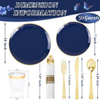 KIRE 350Pcs Blue and Gold Plates -Heavy Duty Navy Blue Dinnerware Set - 100 Plastic Plates 50 Pre Rolled Napkins with Gold Plastic Silverware 50 Cups for Party/Wedding/Birthday - Image 5