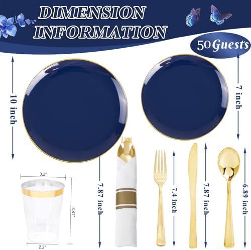 KIRE 350Pcs Blue and Gold Plates -Heavy Duty Navy Blue Dinnerware Set - 100 Plastic Plates 50 Pre Rolled Napkins with Gold Plastic Silverware 50 Cups for Party/Wedding/Birthday - Image 5