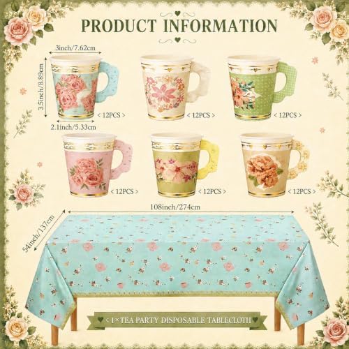 Yungyan 289 Pcs 72 Set Floral Tea Party Supplies, Tea Party Plates and Napkins Set with Tablecloth, Disposable Handle Teacups and Saucers for Birthday Wedding Bridal Shower Decorations(Classic Style) - Image 3