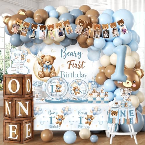 Beary First Birthday Decorations,Teddy Bear Birthday Decorations Set for First Birthday Theme Boy With Backdrop, Balloons, One High Chair Banner,Plates,Napkins,Cake Toppers,272pcs by Lenyunge