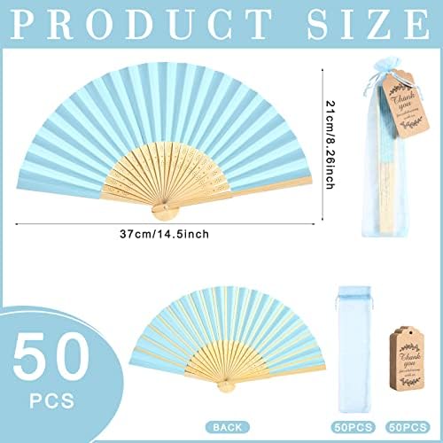 Roowest 50 Pack Paper Folding Fans Bamboo Wedding Favors, Blue - Image 2