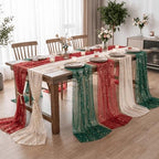 Artoid Mode 6PC Beige Red Green Gauze Table Runner 120 Inch 10FT, Glitter Metallic Foil Sheer for Wedding Anniversary Holiday Birthday Home Party Decor - Image 3