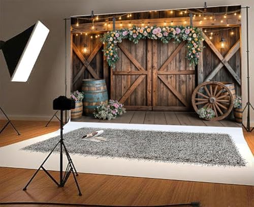 12x10ft Country Wedding Photography Backdrop Rustic Barn Door Photography Backdrop Farmhouse Pink Flower Cabin Wooden Birthday Baby Shower Wedding Bridal Party Banner Photo Booth Props Background - Image 5