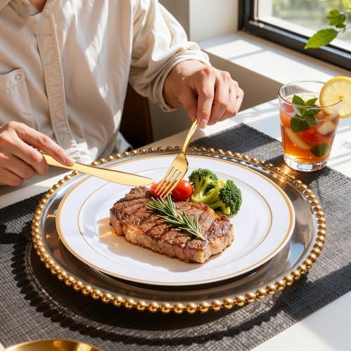 WDF Partyware 350Piece Gold Dinnerware Set for 50 Guests - Gold Plastic Plates with Disposable Cutlery - 50Dinner Plates-50Dessert Plates-50Pre Rolled Napkins with Silverware for Wedding/Birthday - Image 2