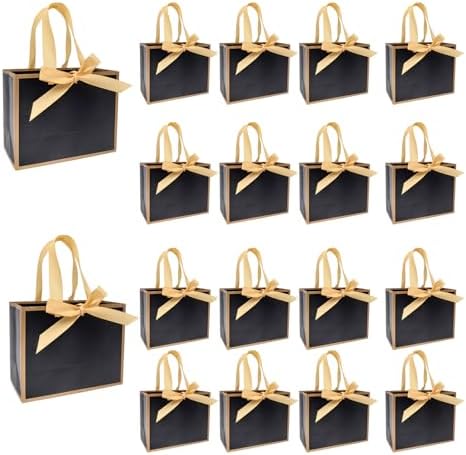 TKSBAG 50 PCS Small Black Gold Gift Bags with Bow Ribbon - 6.4x3.1x5.1 Inch Thank You Bags with Handles, Bulk for Baby Shower, Bridal Shower, Wedding, Party Favors, Fathers' Day by TKSBAG