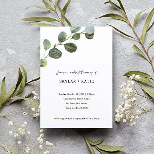 Personalized Eucalyptus Wedding Invitations / 25 Modern Watercolor Greenery Floral Custom Invites With White Envelopes / 5" x 7" Flat Botanical Engagement Party Anniversary Invitation / Made In The USA - Image 3