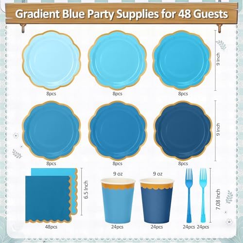 Light Blue Paper Plates and Napkins Party Supplies for 48 Guests, Disposable 9’’ Scalloped Blue and Gold Gradient Tableware Set for Birthday, Wedding, Baby Shower Decorations - Image 2