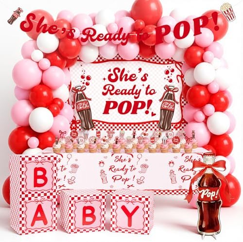 119Pcs She's Ready to Pop Baby Shower Decorations for Girl Soda Pop Theme Party Supplies with Red Pink White Balloon Garland Arch Kit Backdrop Tablecloth Banner Baby Boxes and Cake Toppers by Unknown