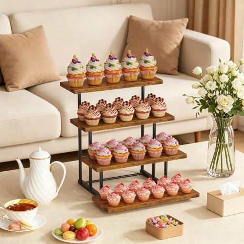 Emfogo Wooden Cupcake Display Stand, 4 Tier Rectangular Tiered Dessert Stands, Cupcake Display Risers for Vendor Booth Dessert Table Party Wood Serving Tray for Cup Cake Cookie Food (1 Pack) - Image 5