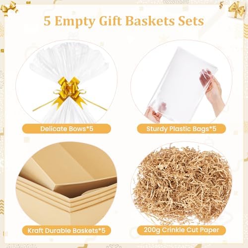 EVELOMO 5 Pack Empty Gift Baskets to Fill - 12" x 10" Large Baskets for Gifts Empty, Sturdy DIY Gifts Baskets Sets with 200g Crinkle Cut Papers for Birthdays Weddings Parties and Holidays (Kraft) - Image 4
