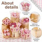 Teecyhooo 30sets Pink Gingham Wooden Gift Baskets with Handles Bow Stickers - Image 3