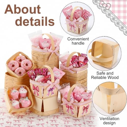 Teecyhooo 30sets Pink Gingham Wooden Gift Baskets with Handles Bow Stickers - Image 3