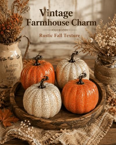 vensovo 6 Inch Crackle Artificial Pumpkins, Cream and Orange, 4 Pack - Image 2