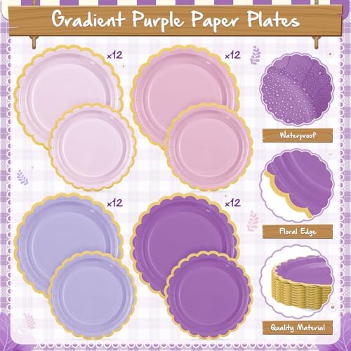 Mimorou 338 Pcs Purple Plates Napkins Cups Flatware Set - Image 4