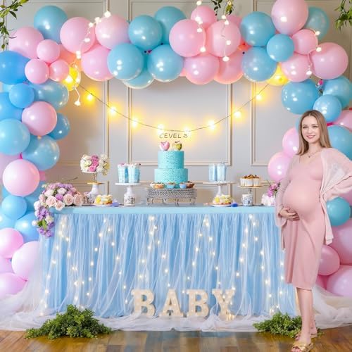 PARTISKY Blue Tulle Tutu Table Skirt for Rectangle Tables or Round Table,Led Light String Table Cloth for Boys Girls Baby Shower Baby Shark Themed Party Dessert/Cake Tables - Image 4
