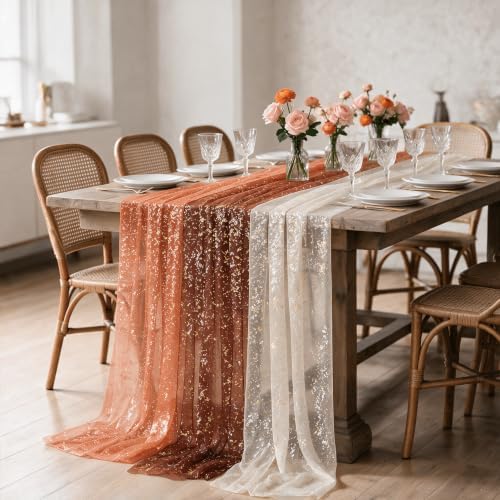 Artoid Mode 6PC Beige Caramel Orange Gauze Table Runner 120 Inch 10FT, Glitter Metallic Foil Sheer for Wedding Anniversary Holiday Birthday Home Party Decor - Image 7