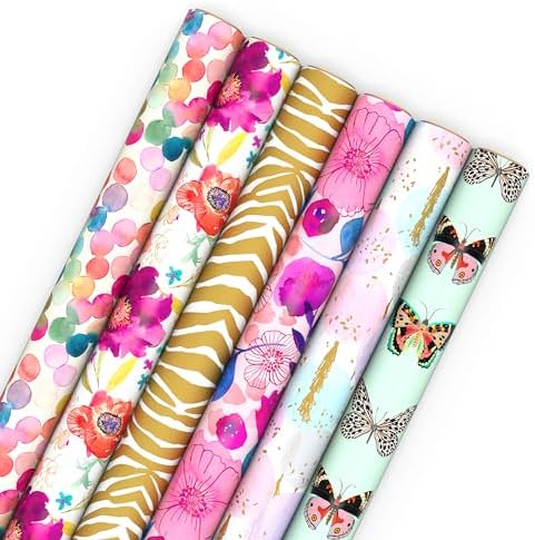 Hallmark Wrapping Paper Rolls for Birthday, Bridal Shower, Baby Shower, Gift Wrap Paper (Set of 6 Rolls: 180 sq. ft. ttl.) Butterflies, Gold Animal Print, Pink Flowers for All Occasions by Hallmark