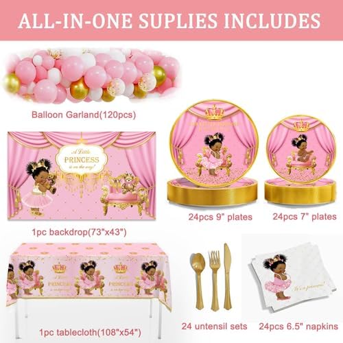 Yuzioey 266pcs Royal Princess Baby Shower Decorations, Black Princess Baby Shower Supplies, Gold Pink Balloon Garland Kit, Disposable Dinnerware (Serve 24 Guests) Plates, Napkins, Backdrop,Tablecloth - Image 2