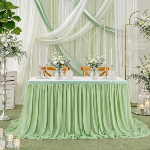 Sage Green Table Skirt for Party：2 Layer Chiffon Table Skirts Rectangle Tables Baby Shower Birthday Decorations 6FT - Image 2