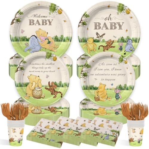 300Pcs Winnie Baby Shower Plates Set, Disposal Paper Plates and Napkins Cups Forks, Classic Quotes Winnie Party Supplies Decorations for 50 Guests by TopJianyu