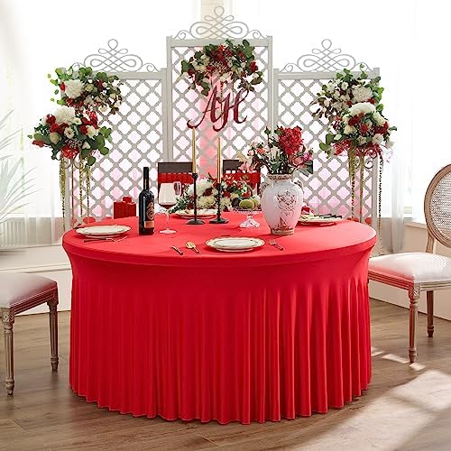 6 Pack Spandex Red Round Tablecloths for 60inch Table, 120in Stretchy Fitted 5ft Tablecloths, Wrinkle Free Round Table Clothes Covers with Skirt for Wedding Birthday Parties Banquet - Image 6