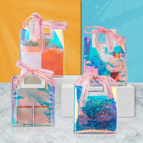 Caleihd 12PCS Holographic Clear Gift Bags with Tissue Paper, 7.9 * 7.1 * 3.9 inch with Handles,Treat Bags Goody Bags,for Christmas, Birthday Party, Weeding Gift Bags Party Supplies (Pack of 2) - Image 6
