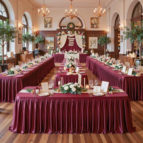 1 Pack Burgundy Satin Tablecloths Rectangle 8FT, Glitter Spandex Fitted Stretch Table Covers Wrinkle-Free Floor Length Shimmer Table Skirt for Weddings Parties Baby Shower Banquets Vendor Events - Image 7