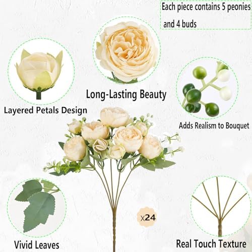 Peonies Artificial Flowers Bouquet, Lifelike Silk Fake Peonies with Stems for Home Table Centerpieces, Wedding, Party & DIY Bridal Floral Arrangements (24, Champagne) - Image 4
