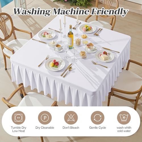 Wish Care White Spandex Tablecloths for 54x54 Inch Square Tables, Stretch Fitted Table Clothes with Pleated Ruffle Skirt for 54” Table, Wrinkle Free and Elastic, for Party Kitchen Home Dining - Image 6