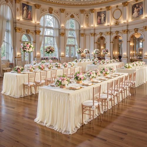 Champagne Table Cloth Rectangle 6ft Stretch Fitted Tulle Tablecloth Spandex Rectangular Table Cover with Ruffle Skirt for Wedding Baby Shower Birthday Party Banquet Cake Dessert Table Decor - Image 4
